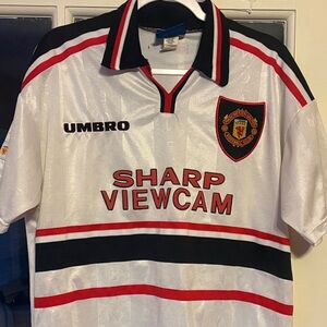 Umbro Manchester United Retro White Jersey with Black and Red Stripes